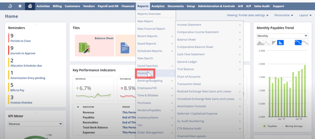 An accounting software dashboard showing the navigation path to "Financial".
