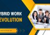 Hybrid Work Revolution: Strategies for Managing Distributed Teams Effectively Graphic with a dark blue and yellow theme read text "Hybrid work revolution"