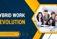 Hybrid Work Revolution: Strategies for Managing Distributed Teams Effectively Graphic with a dark blue and yellow theme read text "Hybrid work revolution"