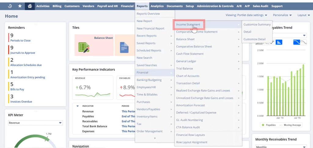 Dashboard screen displaying financial data and reports menu. "Income Statement" is highlighted, alongside reminders and KPIs. Graphs show rising trends.
