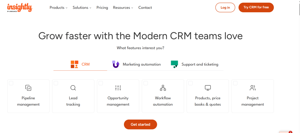 CRM website interface promoting business growth with modern tools. Features include like: Pipeline Management, Lead tracking, Opportunity Management, Workflow automation, and Project Management.
