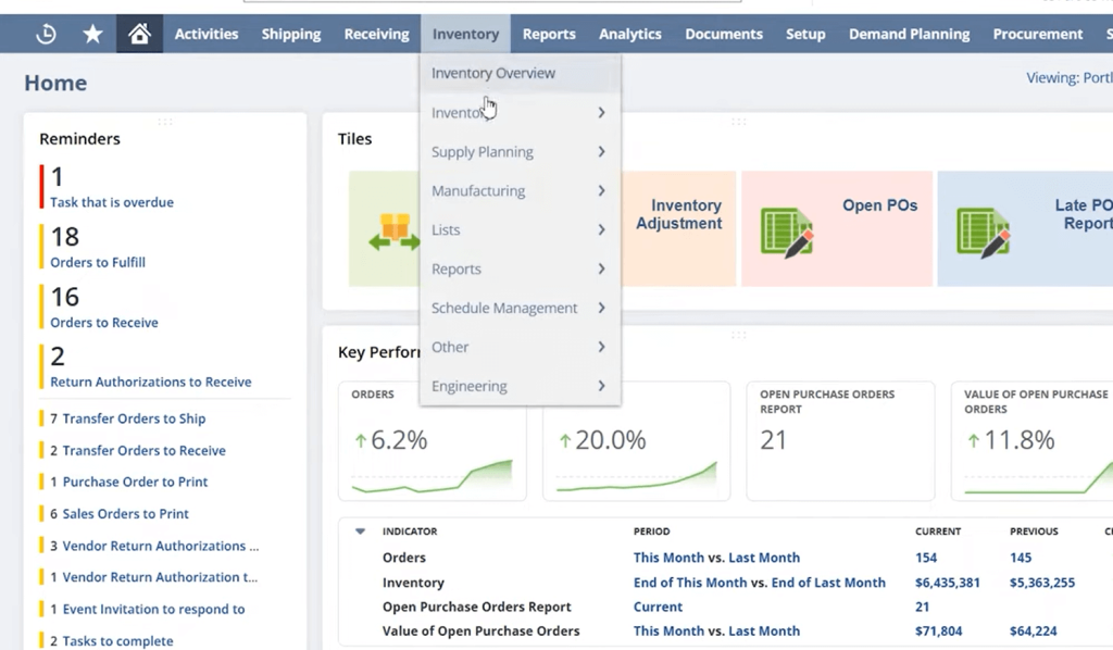 Dashboard interface with navigation bar showing menu options under "Inventory. 