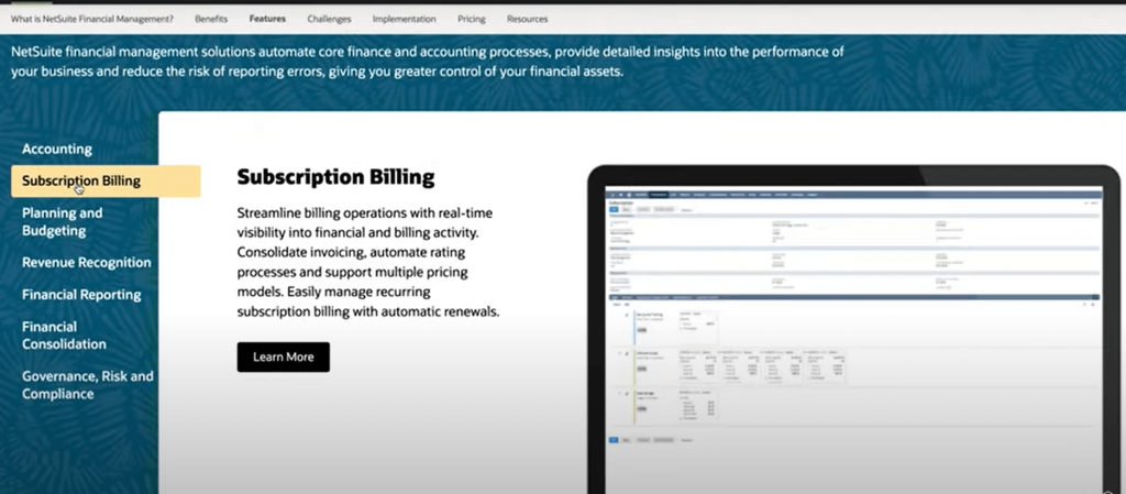 NetSuite Subscription Billing interface showing a menu with options like Accounting and Financial Reporting. 