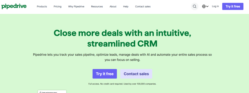 Banner for Pipedrive CRM features green text stating "Close more deals with an intuitive, streamlined CRM".