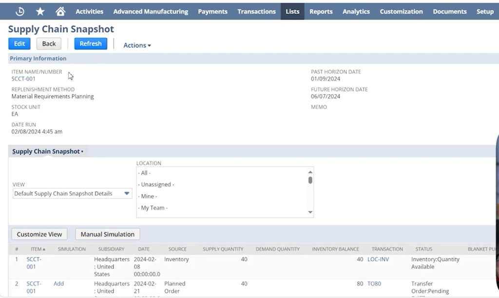 A supply chain management interface showing options like editing, refreshing, and customizing views.
