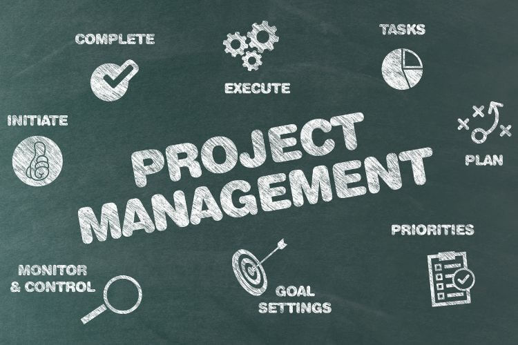 Chalkboard with "Project Management" in bold. Surrounding icons illustrate stages: initiate, plan, execute, complete, with goals, tasks, and priorities.