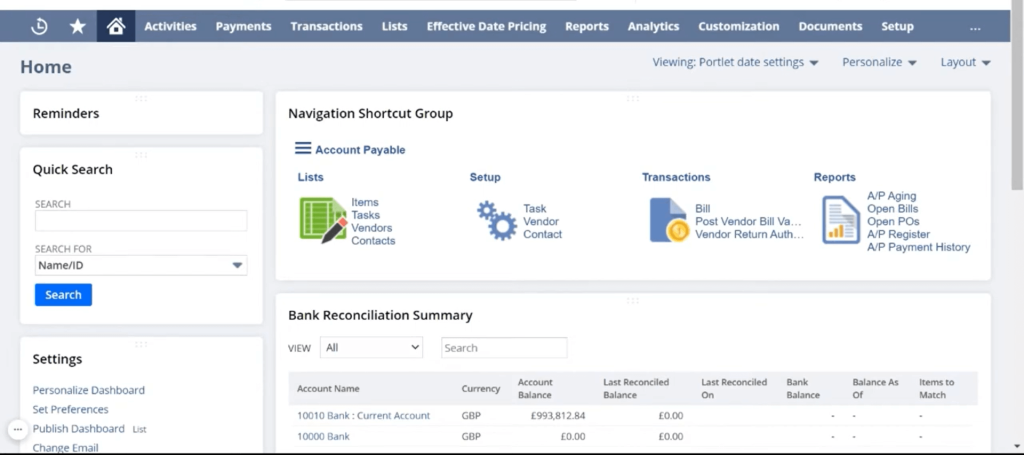  Dashboard interface displaying financial tools and summaries. Includes navigation, search and settings panels, and a bank reconciliation summary table.