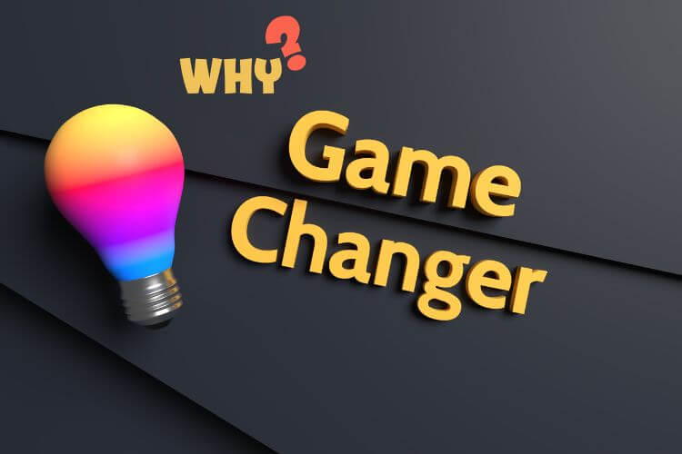 A colorful light bulb on the black background. Write the text Yellow 'WHY?' above, with 'Game Changer.