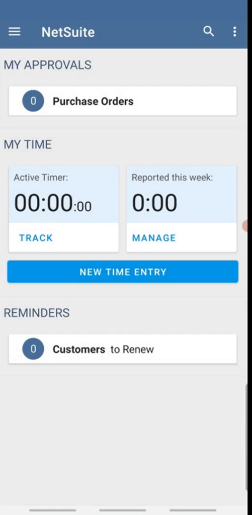 NetSuite dashboard showing "My Approvals" with 0 purchase orders and show the active timer.
