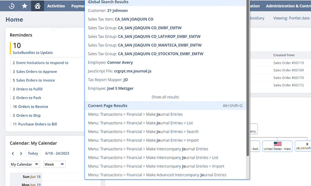 A screenshot of a business software interface showing global search results with customer and employee names, item groups, and menu navigations.