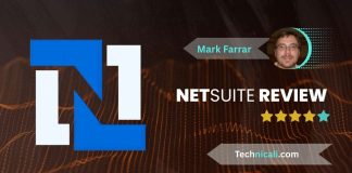 NetSuite ERP Review: Features, Pricing, and Real User Feedback Blue and white "NetSuite" logo on a dark tech-themed background. Text: "NetSuite Review" with a five-star rating.