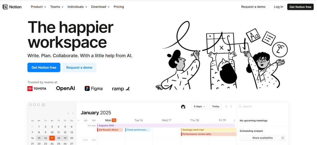 Notion homepage with text 'The happier workspace'. Illustrated characters collaborate on a project. Brands like Toyota and OpenAI are featured. Calender showing event January 2025.