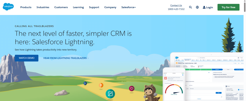 Salesforce website banner announcing Salesforce Lightning CRM, set against a cartoon landscape with mountains and trees. And showing the "Watch Demo" button in the page.
