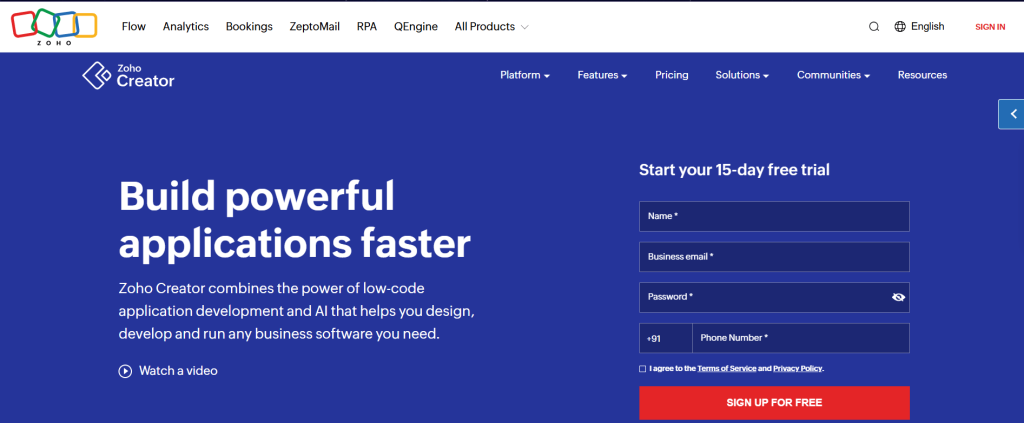 Zoho Creator webpage showing options to build applications faster. Includes 15-day free trial signup form on a blue background, emphasizing low-code development.