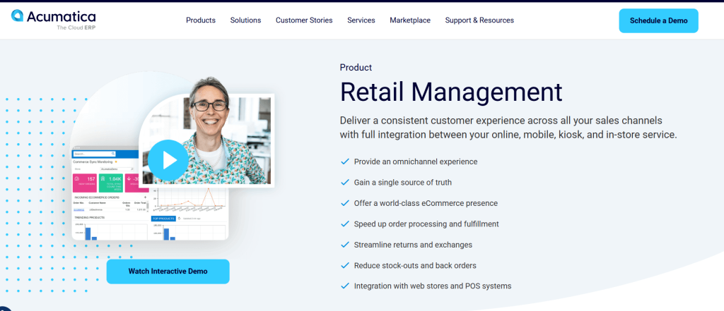Acumatica retail management dashboard showcasing omnichannel ERP integration for eCommerce and POS systems