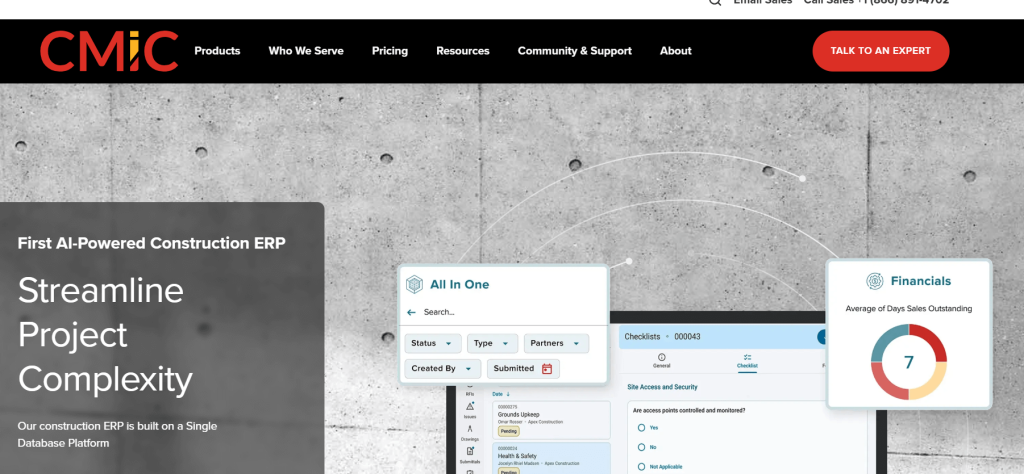 CMiC construction ERP dashboard showcasing AI-powered project management and financial tools for builders