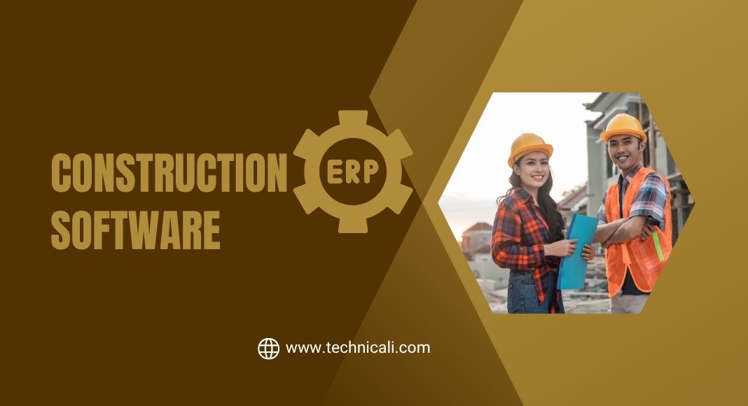 Banner for construction ERP software by Technicali featuring two construction professionals at a building site