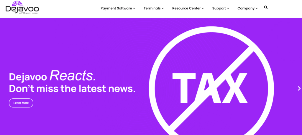 Dejavoo POS system promotional banner with purple background and bold text about updates and no tax