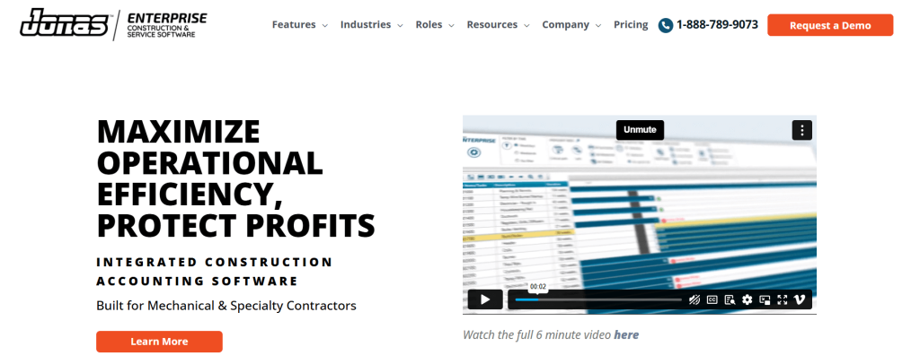 Jonas Enterprise ERP interface for construction and service firms to manage accounting and operational efficiency