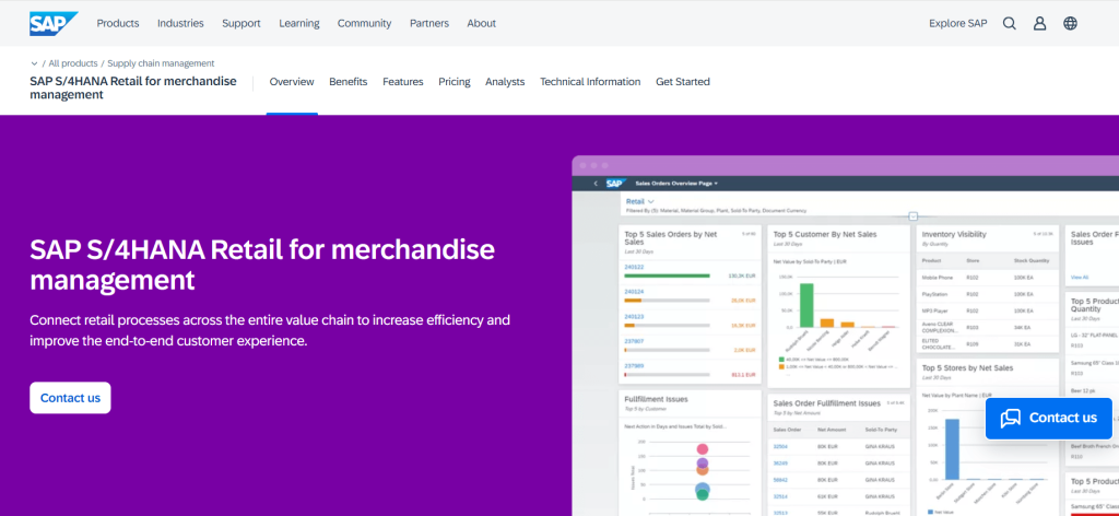 SAP S/4HANA Retail ERP dashboard for merchandise management and value chain efficiency