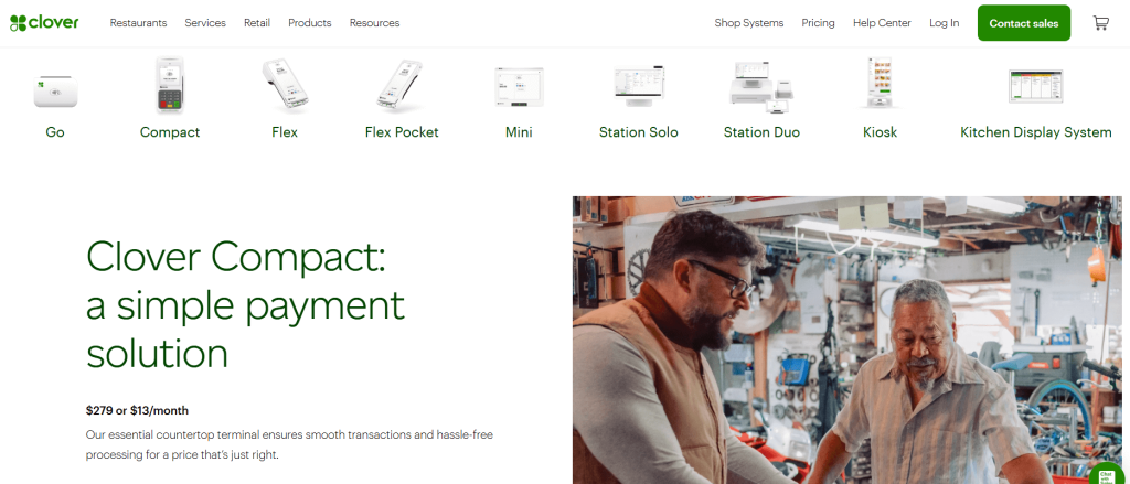 Clover Compact payment terminal promotional page highlighting features and pricing for small businesses