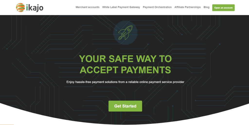 Ikajo white-label payment gateway homepage promoting secure online payments and merchant account services