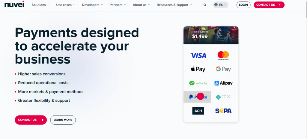 Nuvei payment gateway homepage emphasizing global payment support, higher conversions, and reduced costs
