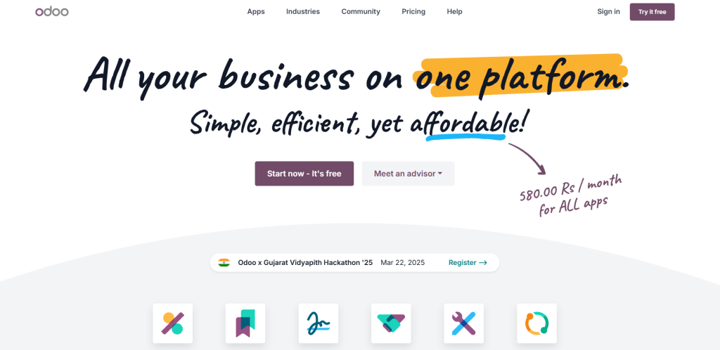 Odoo ERP dashboard promoting affordable all-in-one business platform for retail and eCommerce operations