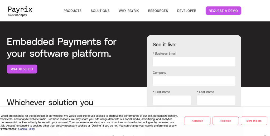 Payrix embedded payment solution homepage with demo signup form for software platform integration