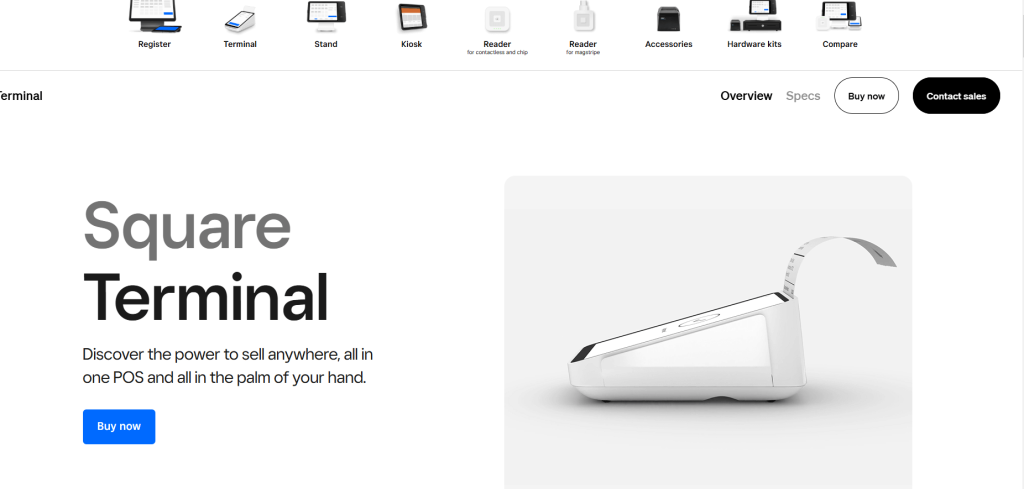 Square Terminal product page showcasing a sleek white POS device with paper receipt output