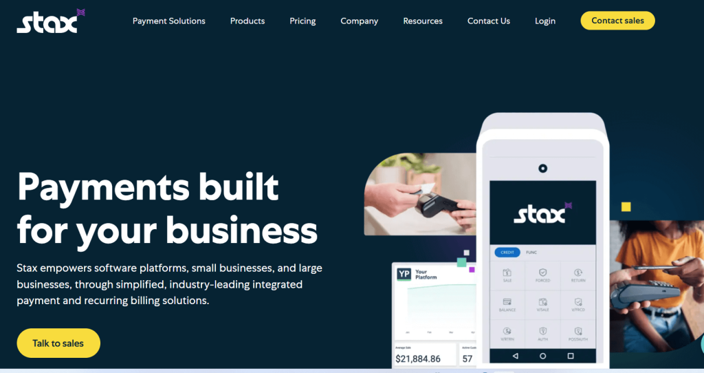 Stax homepage promoting payment solutions for businesses with a mobile POS interface