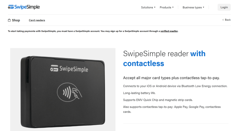 SwipeSimple contactless card reader product page supporting tap-to-pay and mobile compatibility