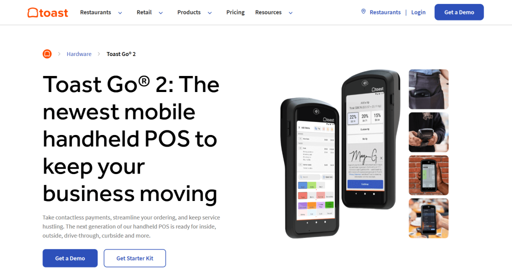 Toast Go 2 handheld POS device promotional page highlighting mobile payments for restaurants and retail